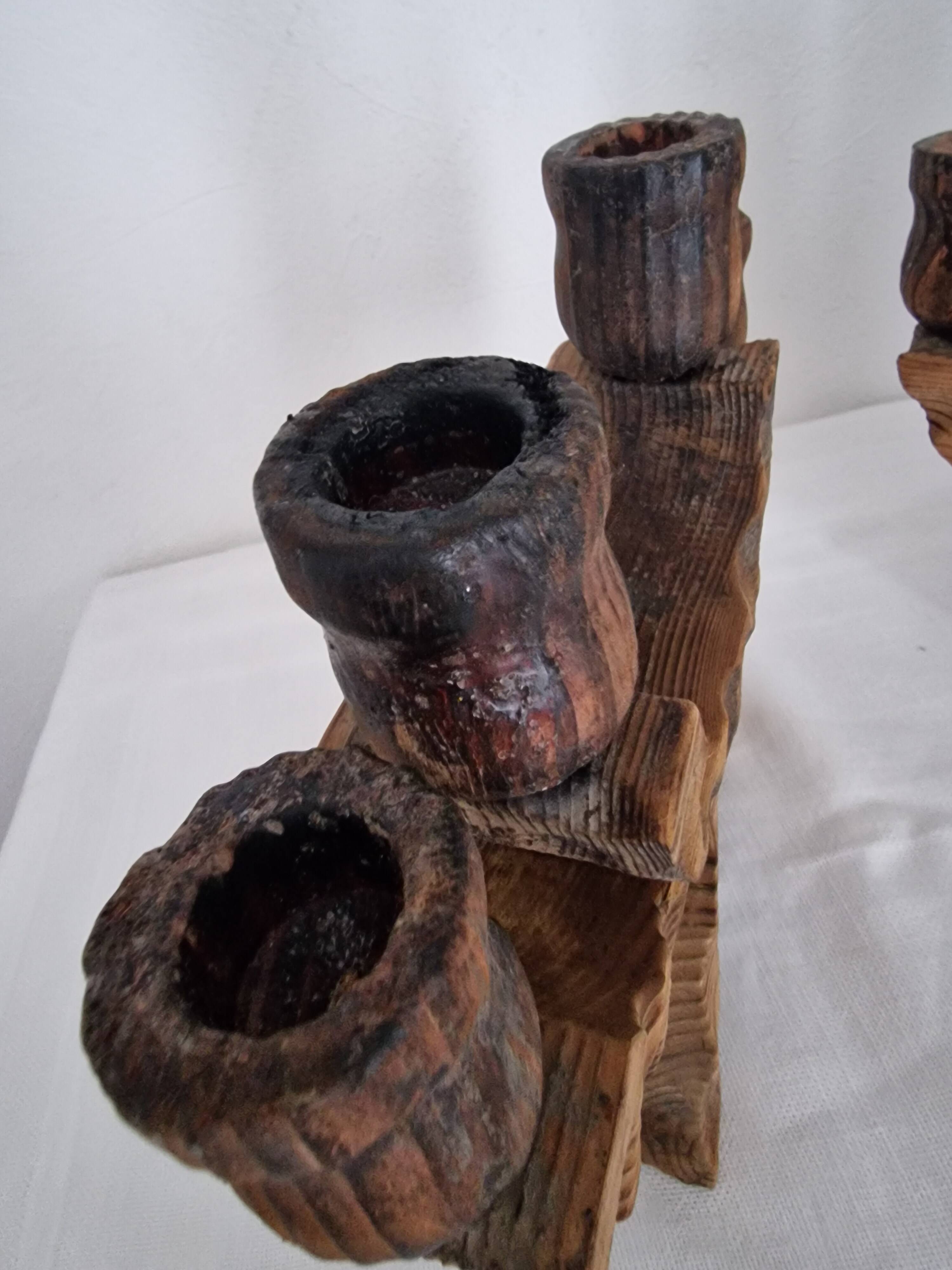 Pair of Brutalist Wooden Candle Holders