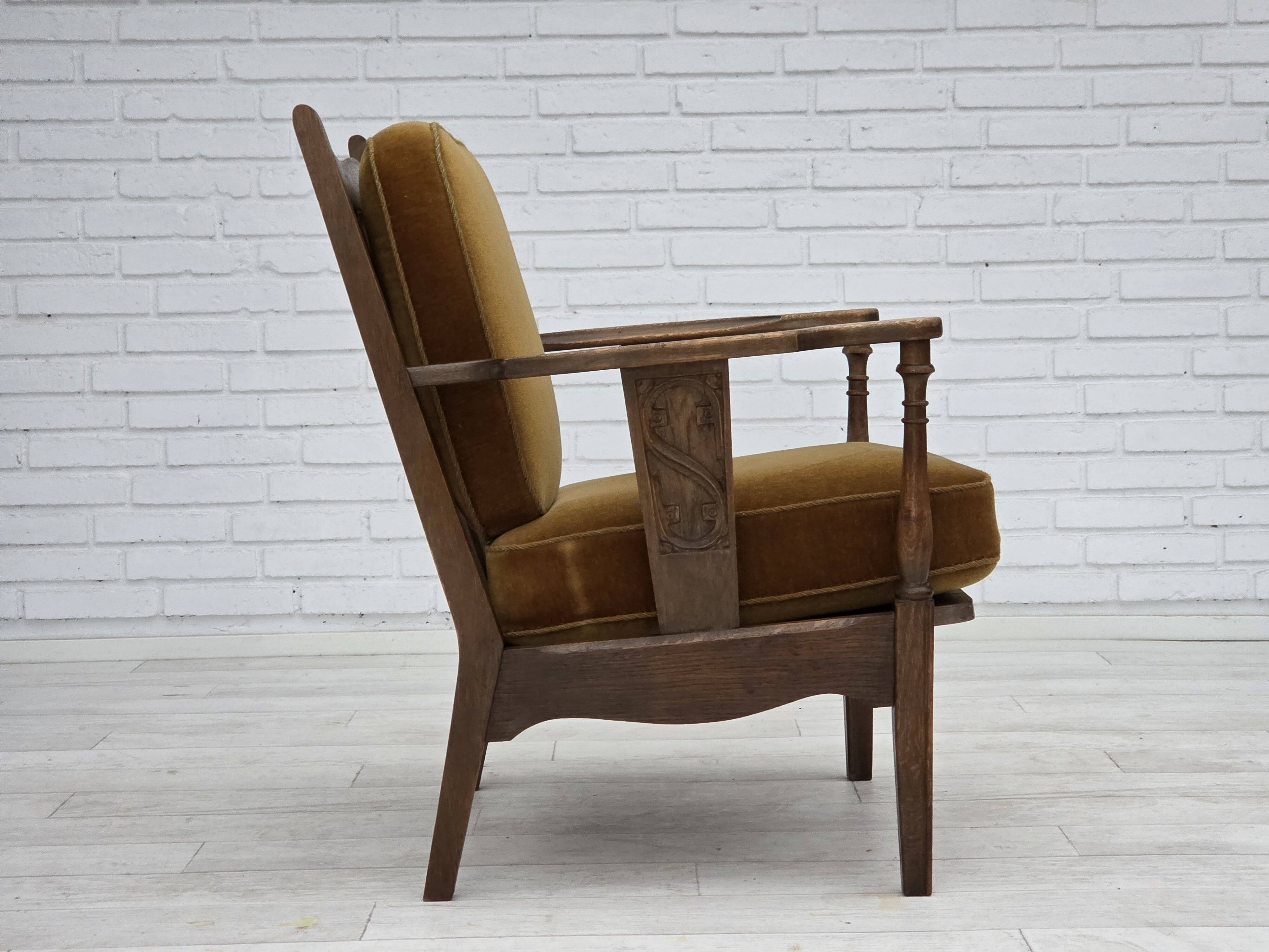 1950s, Danish vintage armchair, original green furniture velour, oak wood.