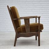 1950s, Danish vintage armchair, original green furniture velour, oak wood.