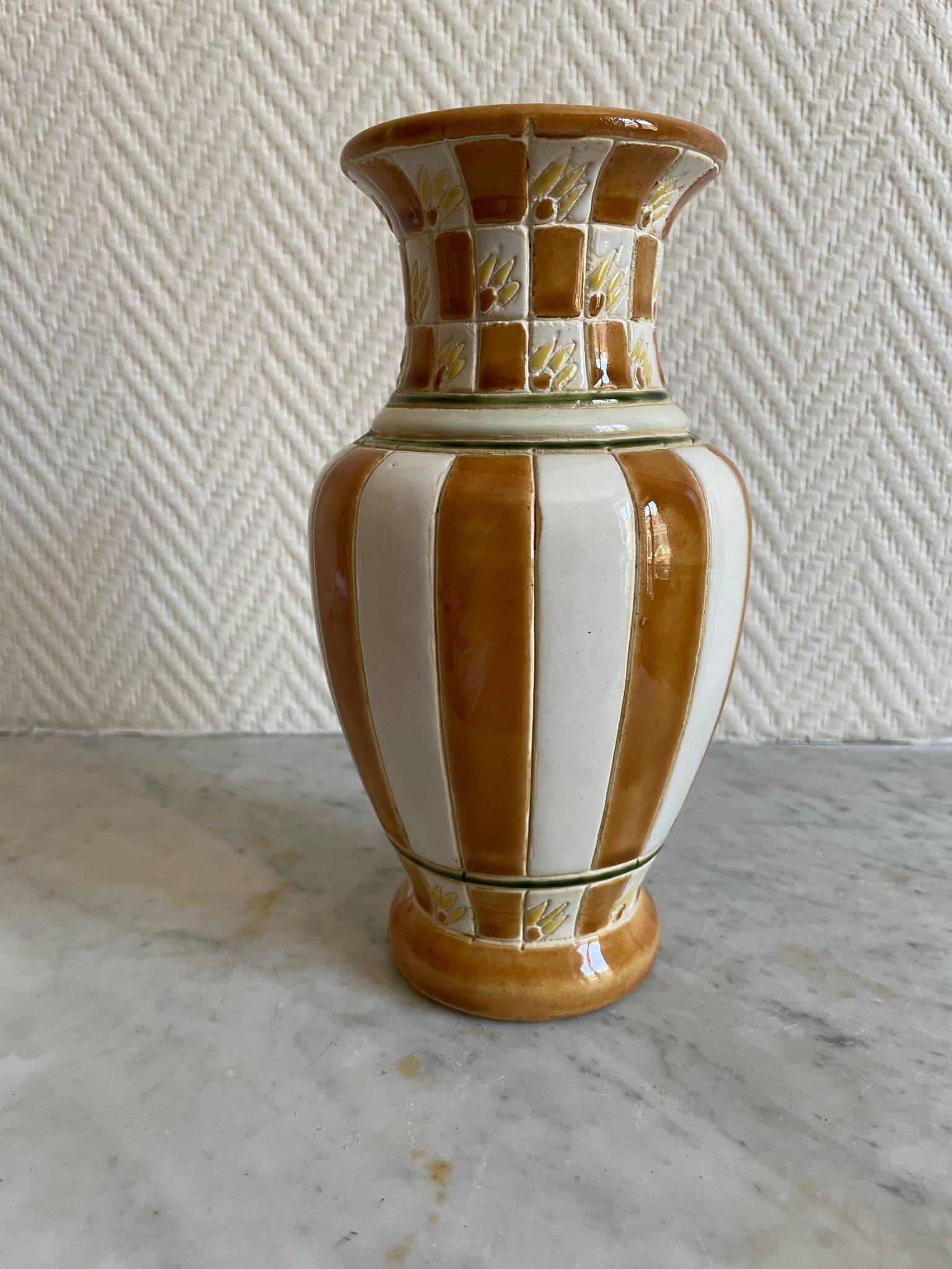 White and brown enamel vase Art Deco style