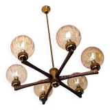 Angelo Brotto gold-plated brass chandelier with 6  globes, Italy 1960s