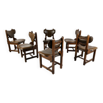 Ensemble de 6 chaises à repas brutalistes, années 1970