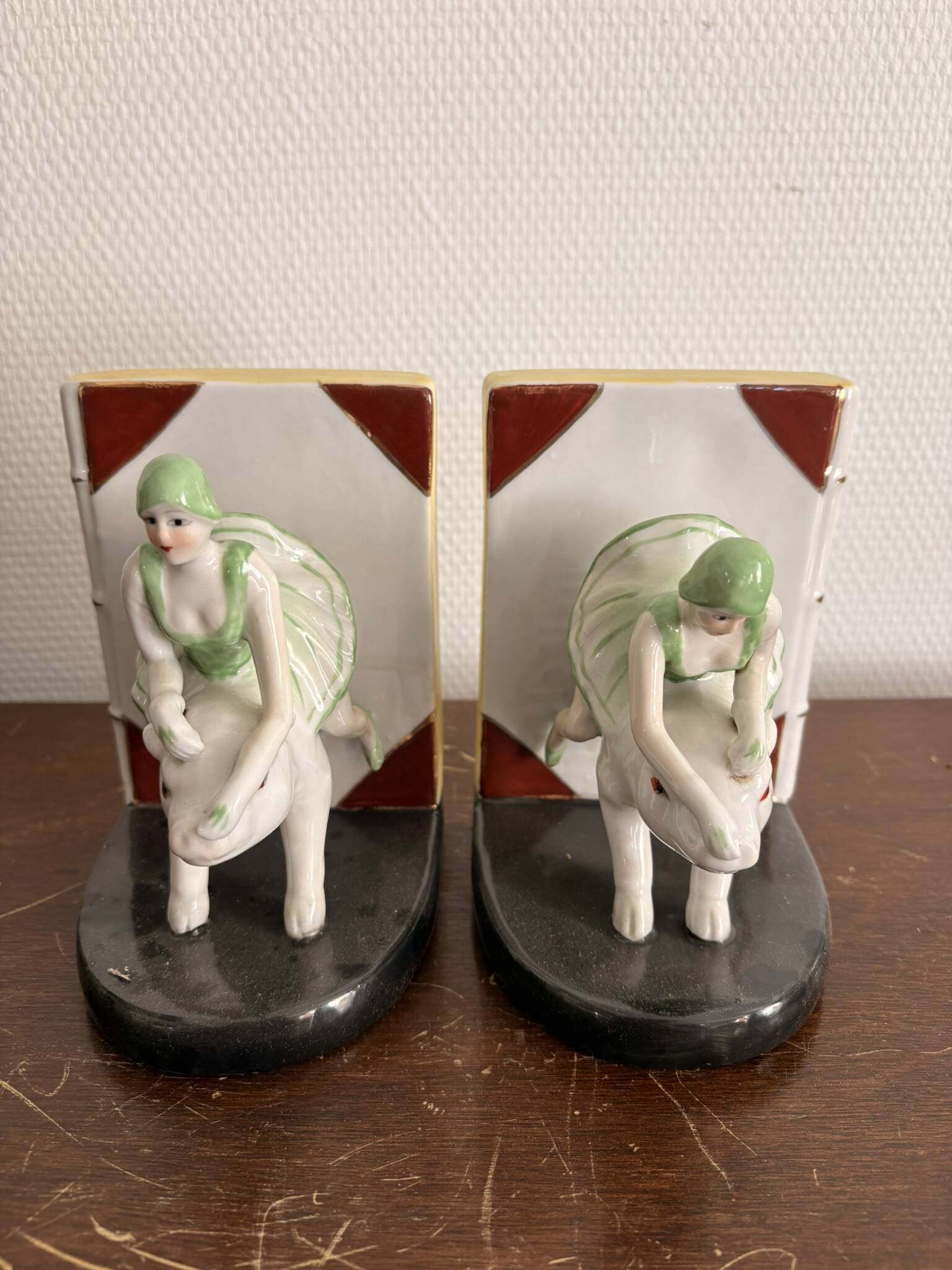 Old Pair of Bookends Porcelain White Girl Woman Equestrian Pig Art