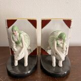 Old Pair of Bookends Porcelain White Girl Woman Equestrian Pig Art