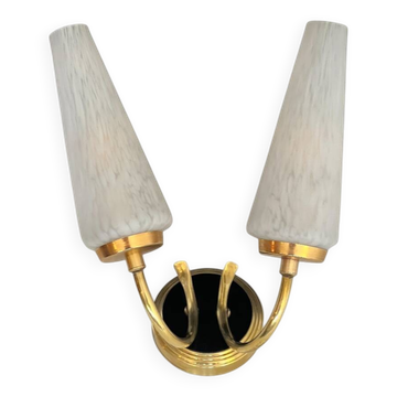 Restored vintage double tulip glass wall light from Clichy