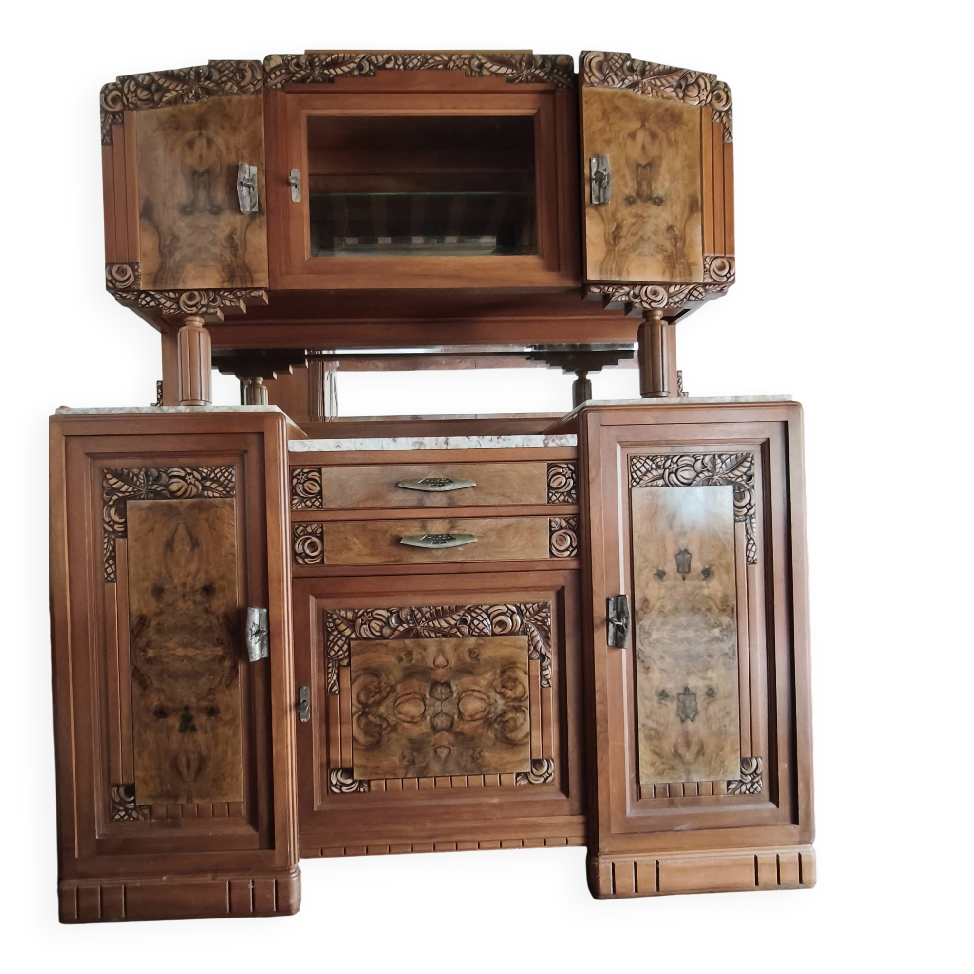 Buffet Art Déco – Noyer, placage de ronce et marbre – Vers 1930