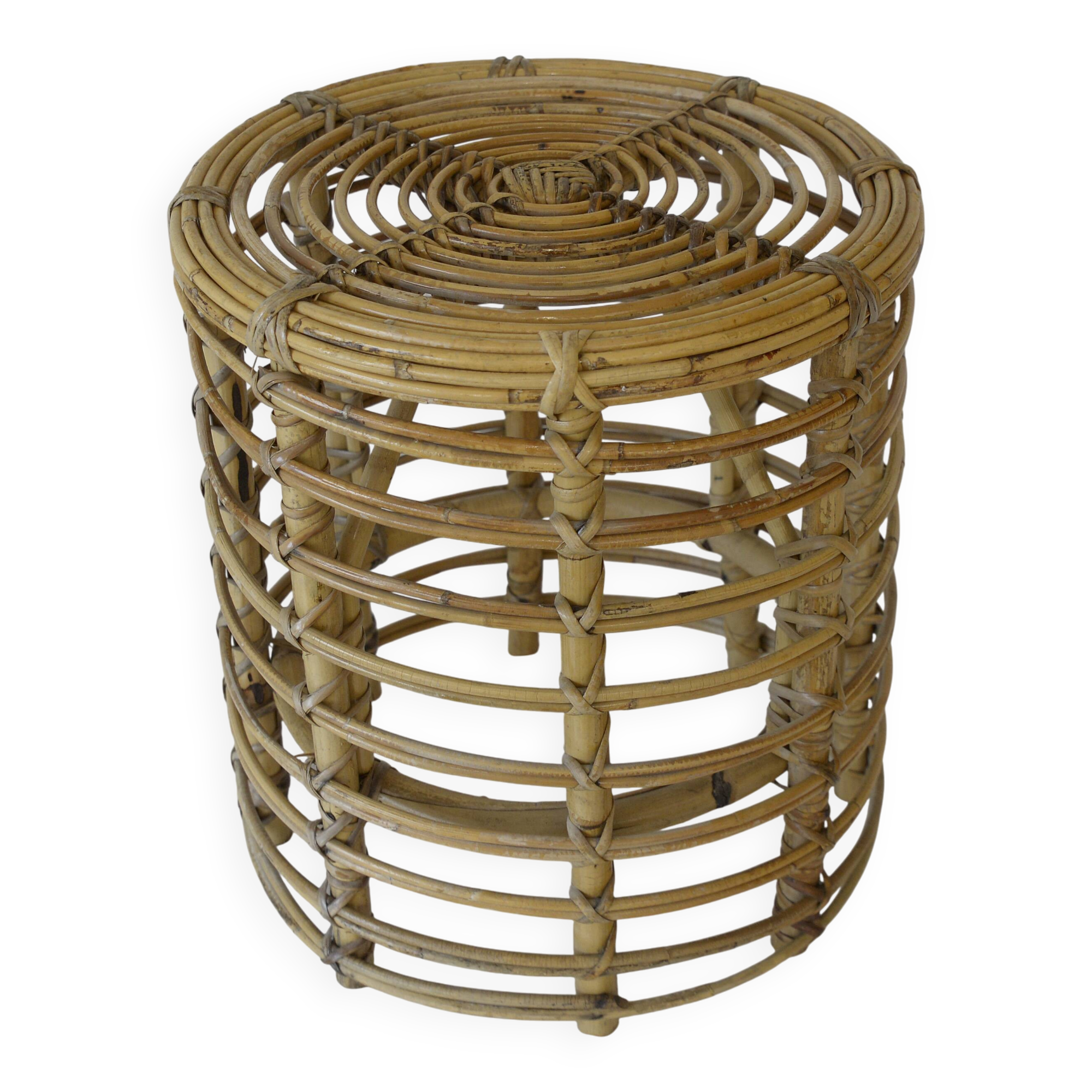 Vintage bamboo stool rattan plant stand mid-century wicker side table