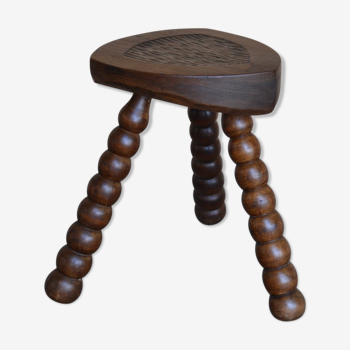 Brutalist tripod stool in turned and carved wood - firm vacher style