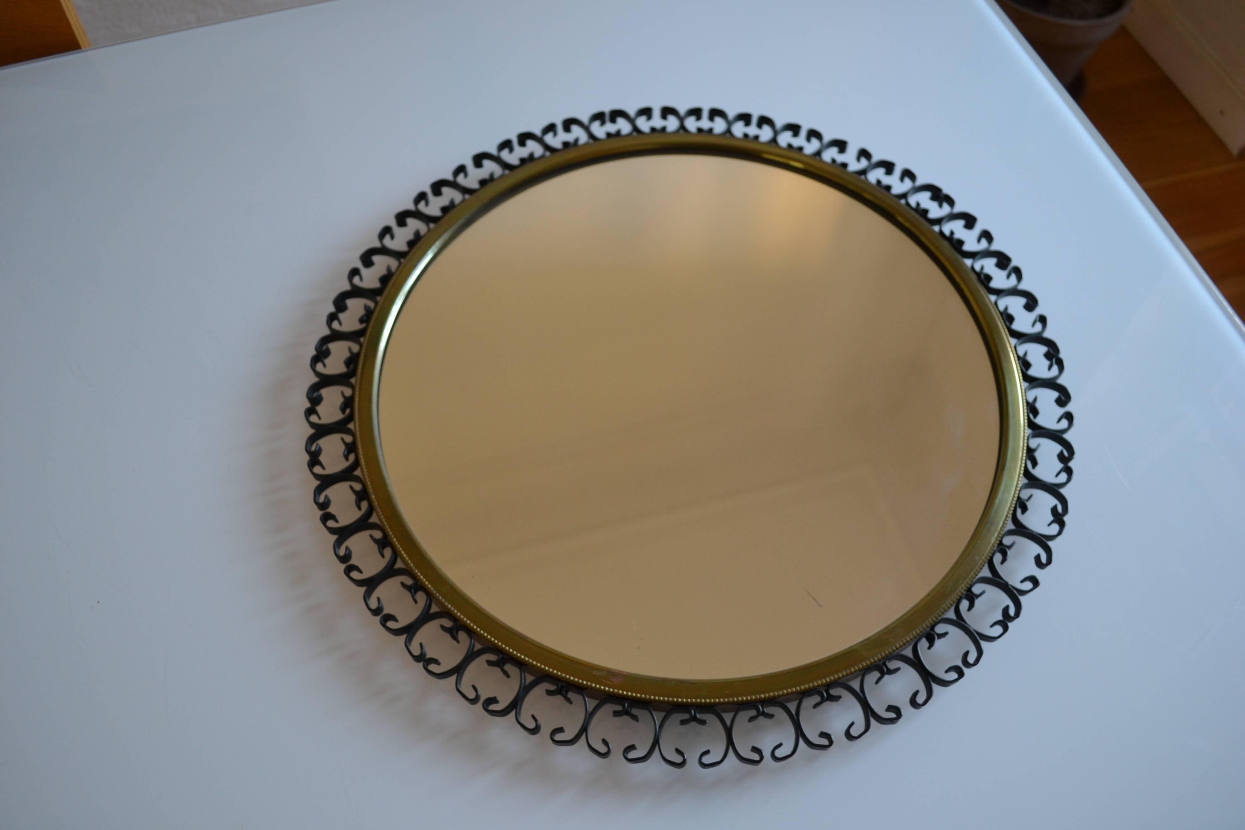 1960s brass and wrought iron sun mirror