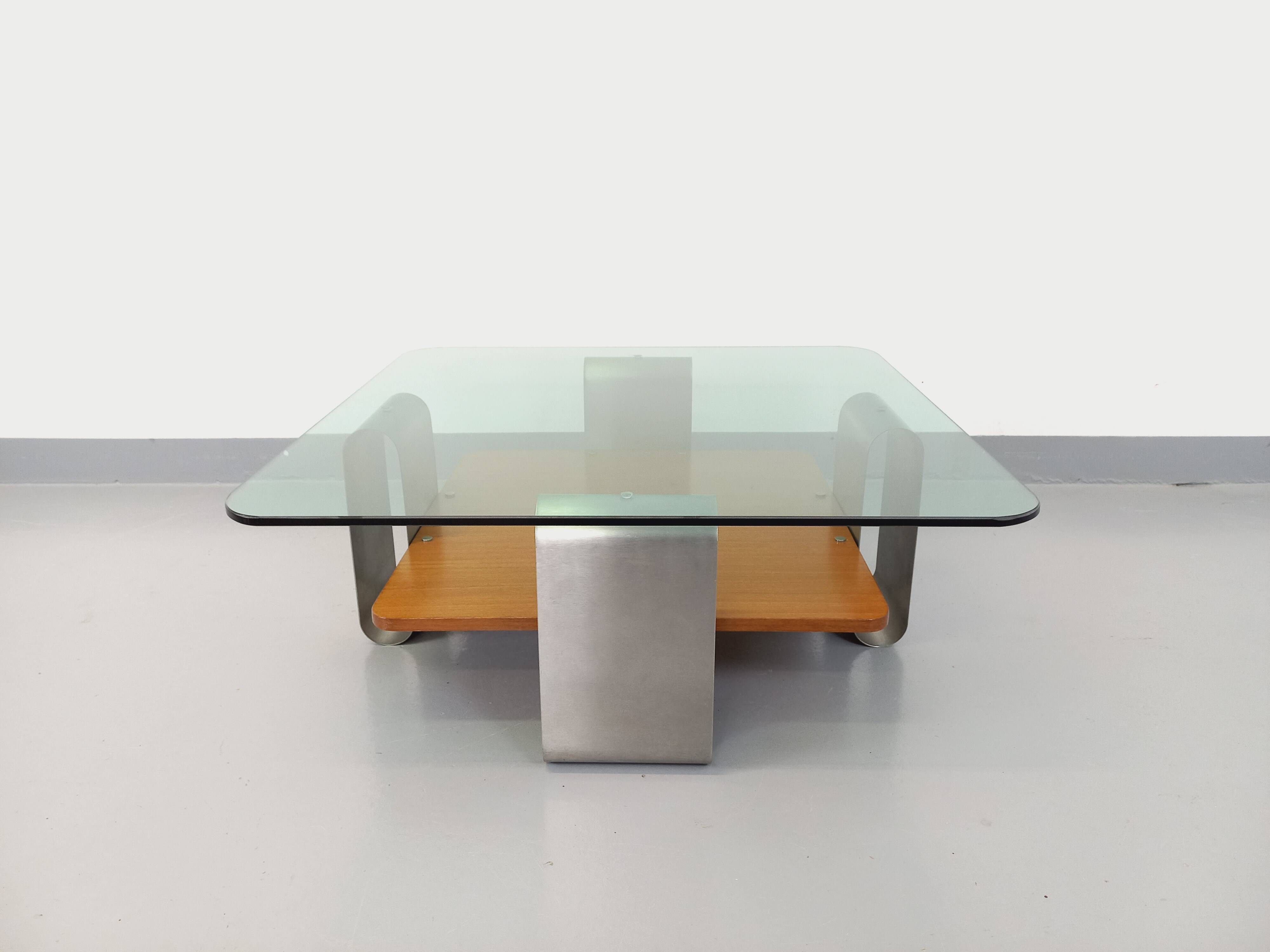 Square coffee table with 2 trays, vintage Space Age style from the 70s, in bluish smoked glass, teak