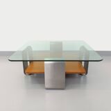 Square coffee table with 2 trays, vintage Space Age style from the 70s, in bluish smoked glass, teak
