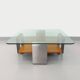 Square coffee table with 2 trays, vintage Space Age style from the 70s, in bluish smoked glass, teak