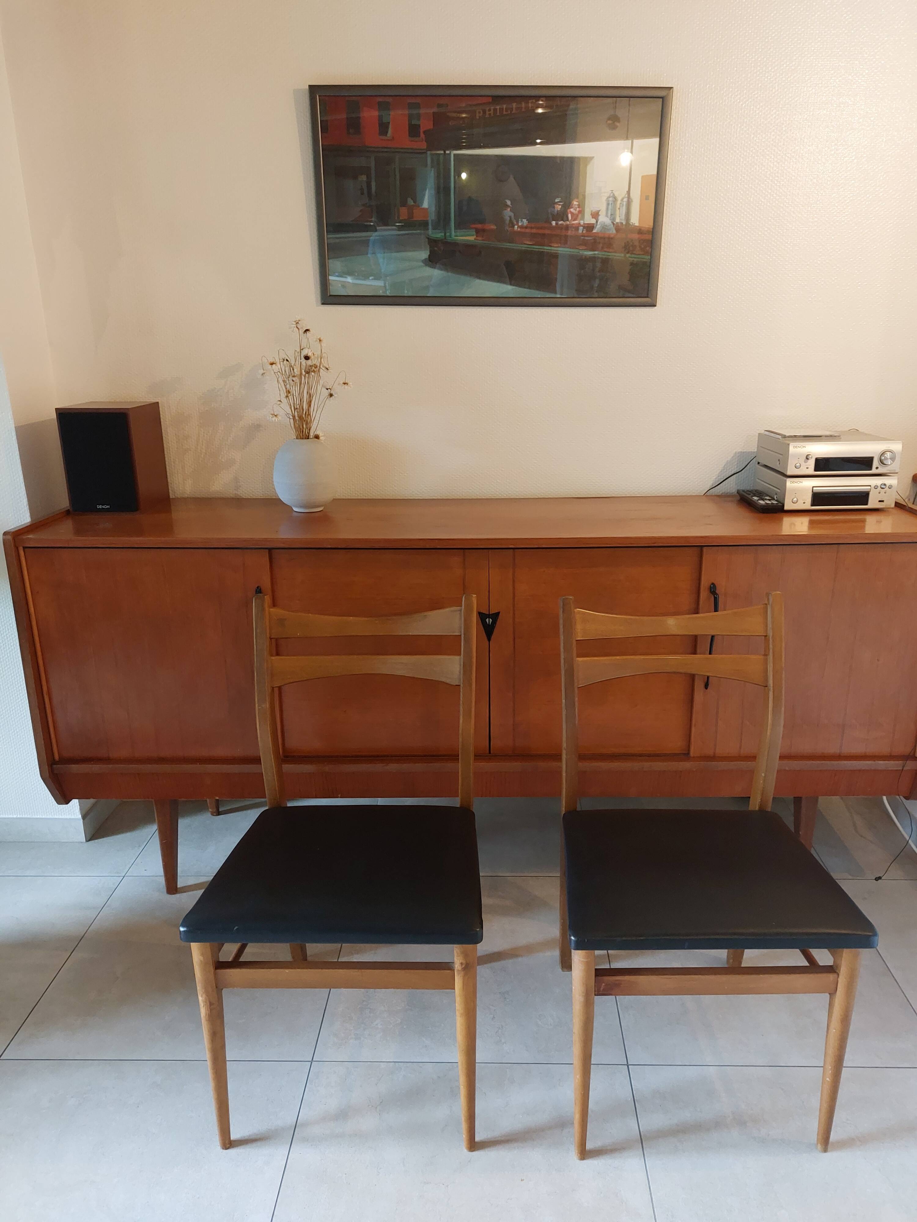 5 Scandinavian style chairs, wood and black faux leather.