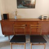 5 Scandinavian style chairs, wood and black faux leather.