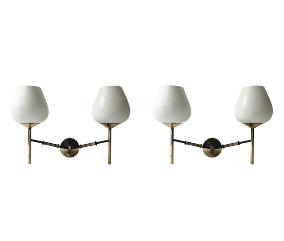 2 double wall lights in brass and white opaline glass, Arlus design 1950