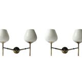 2 double wall lights in brass and white opaline glass, Arlus design 1950