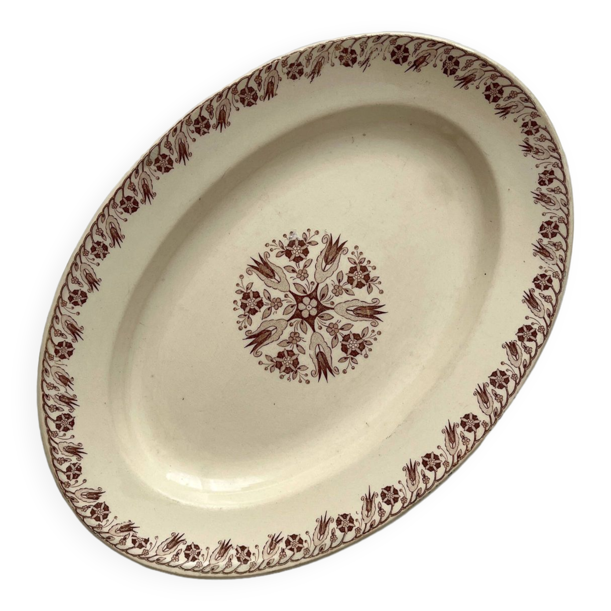 Oval ironstone dish with brown geometric decoration KG Lunéville