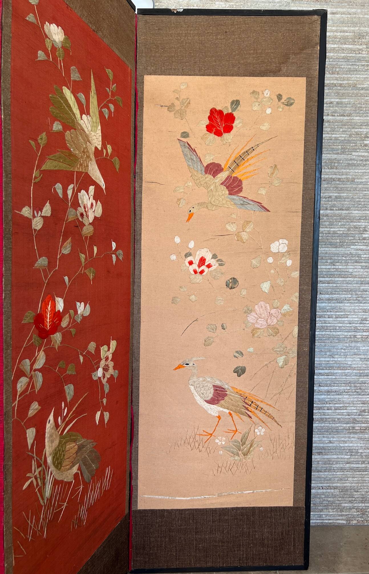 4-panel Japanese screen, 19th century, bird silk embroidery