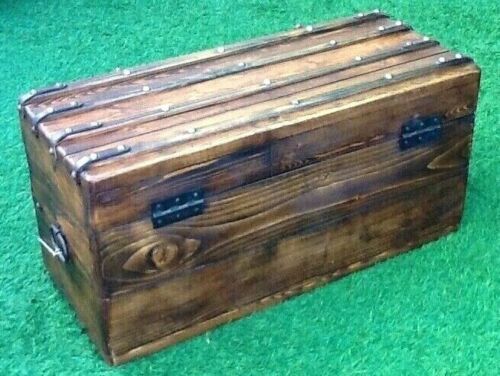 Antique travel chest Wood studded / wrapped in leather Brass lock with key (functional)
