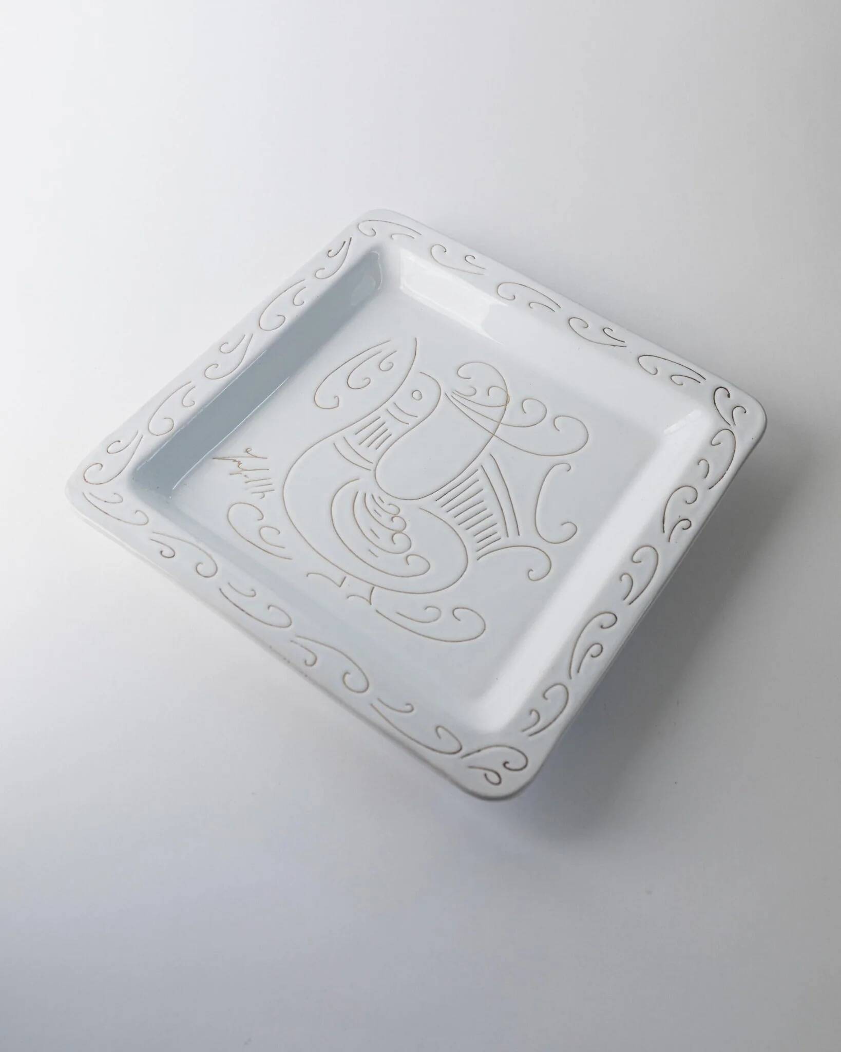 White Ceramic Plate with Etched Rooster Relief – Vintage Mid-Century Square Plate, Jacques Innocenti Style