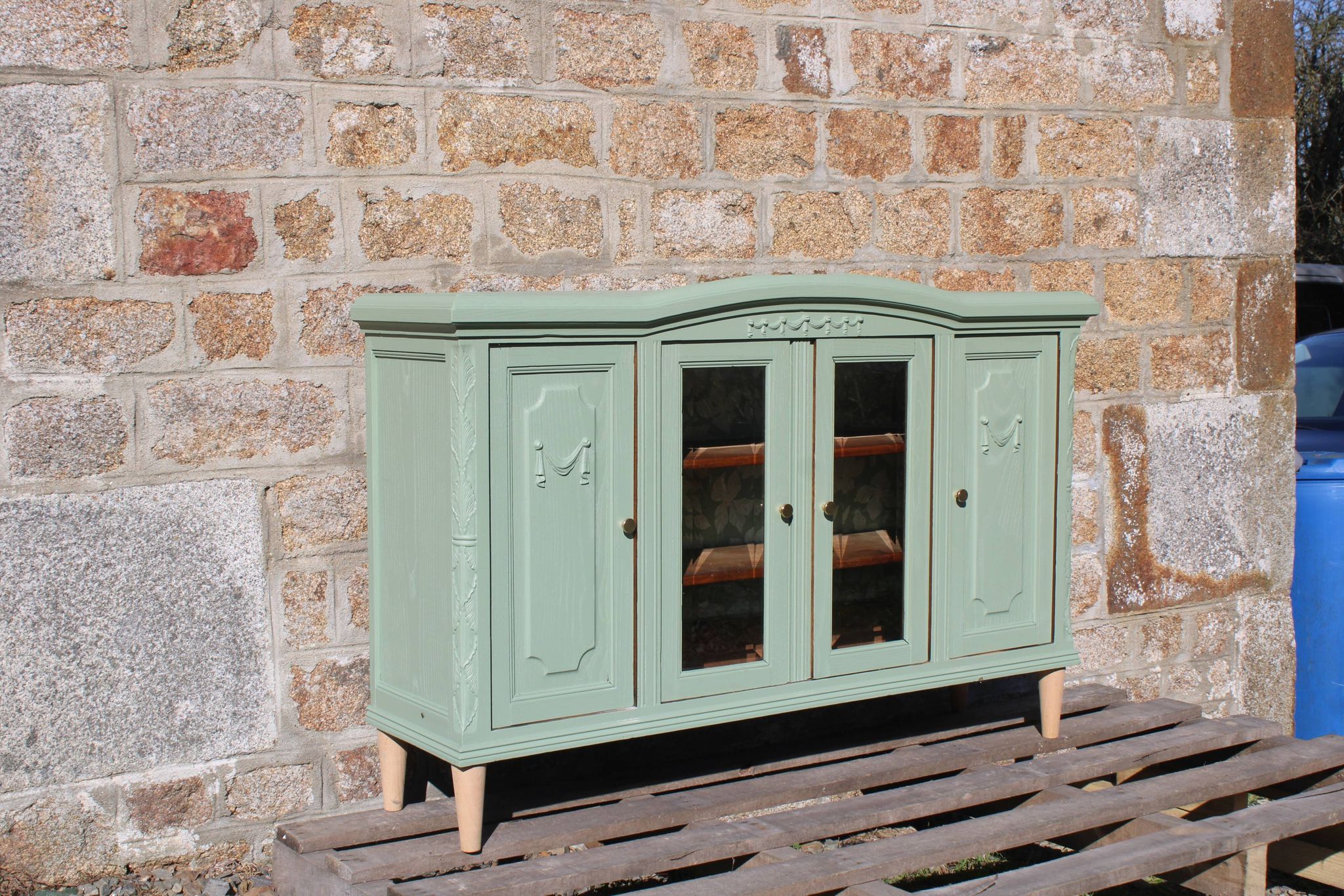 Renovated vintage sage green enfilade – wooden legs & bevelled display cabinets