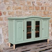 Renovated vintage sage green enfilade – wooden legs & bevelled display cabinets
