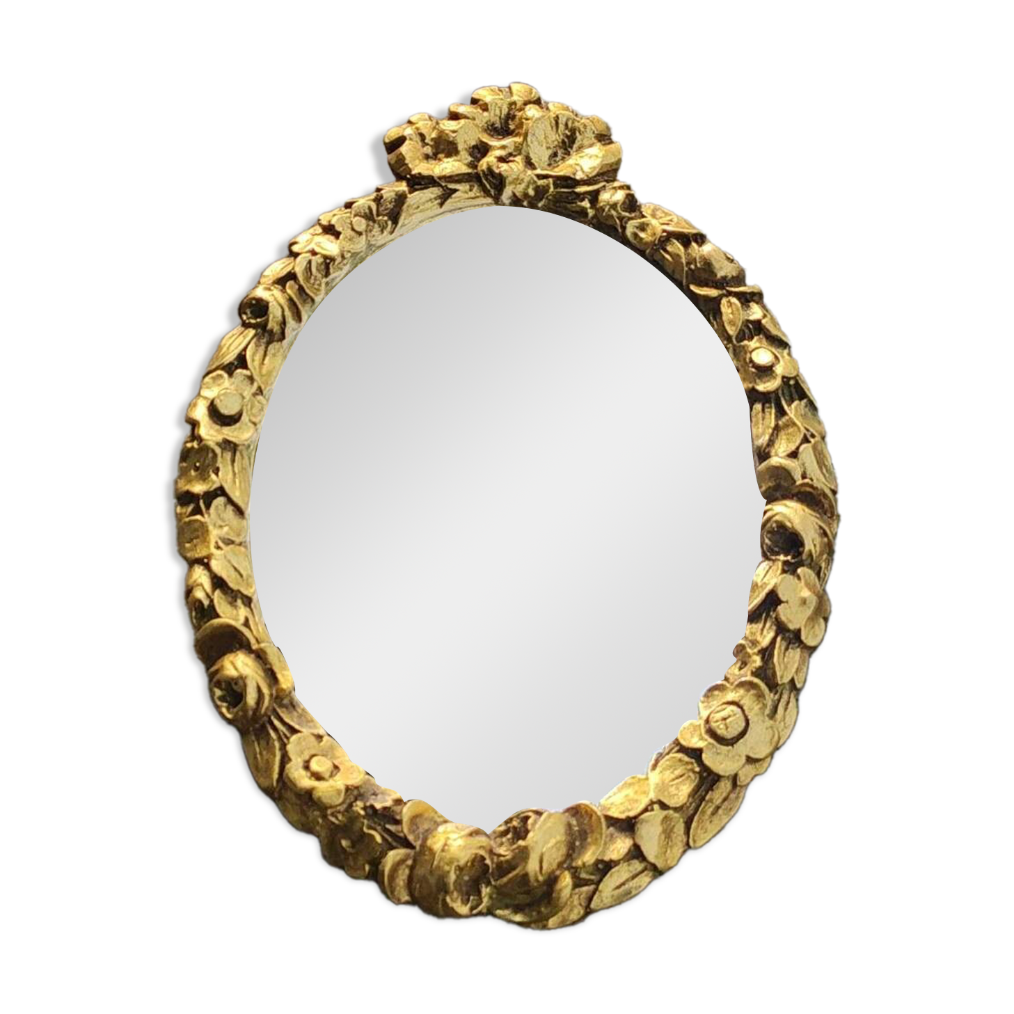 Hollywood Regency style oval Victorian mirror. In antique gold wood. 31 x 21cm