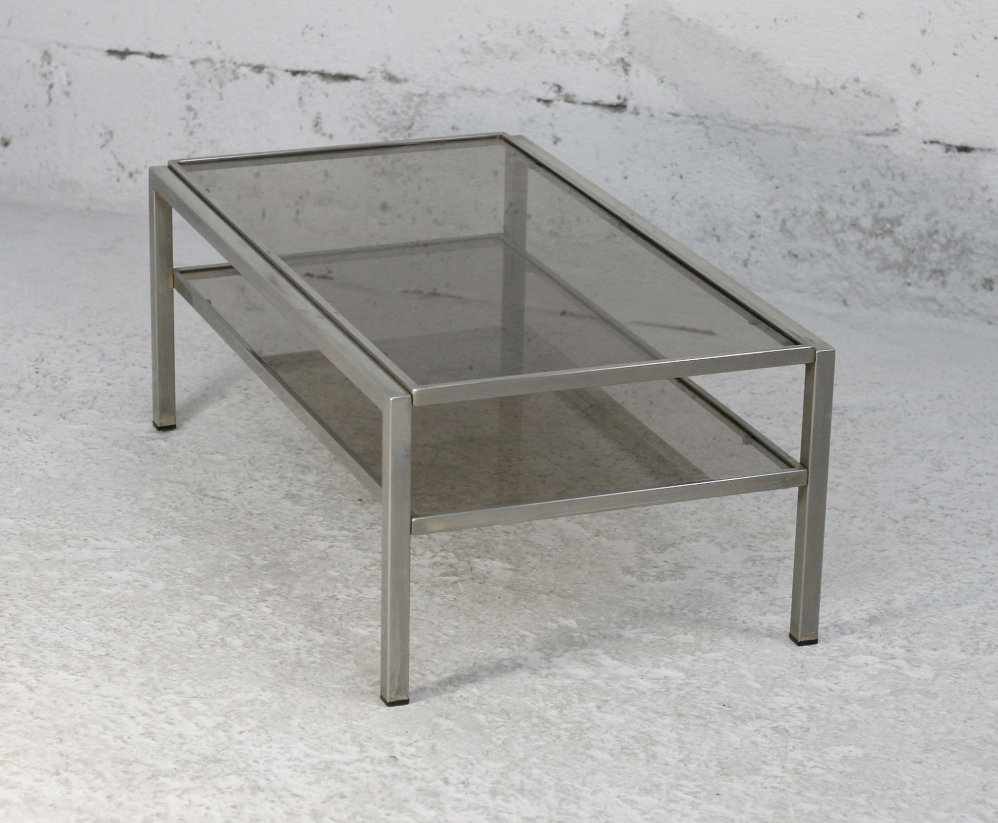 Double coffee table trays smoked glass steel. France, circa 1970