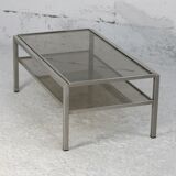 Double coffee table trays smoked glass steel. France, circa 1970