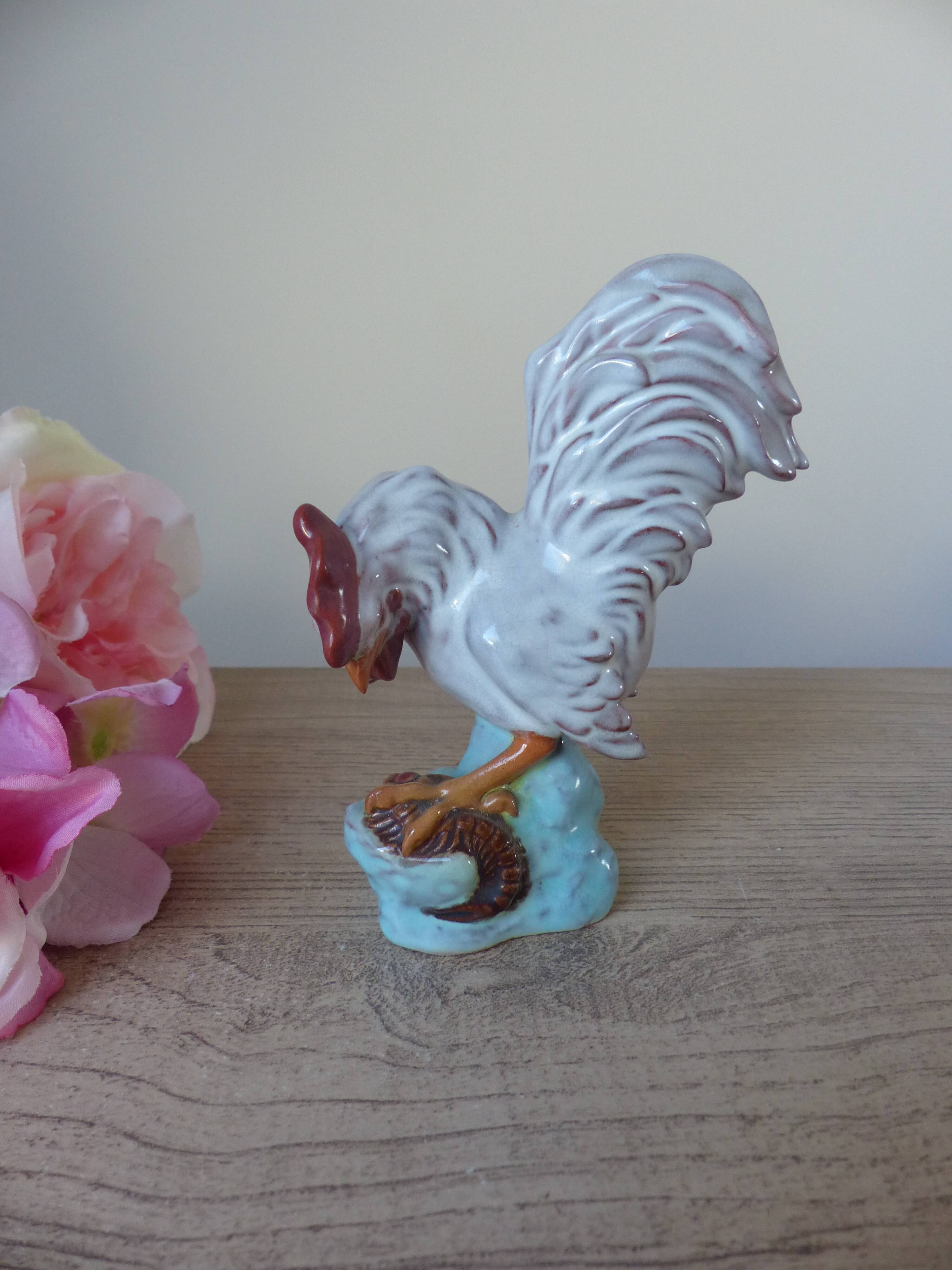 Pottery rooster figurine, rooster statuette, vintage country house decoration