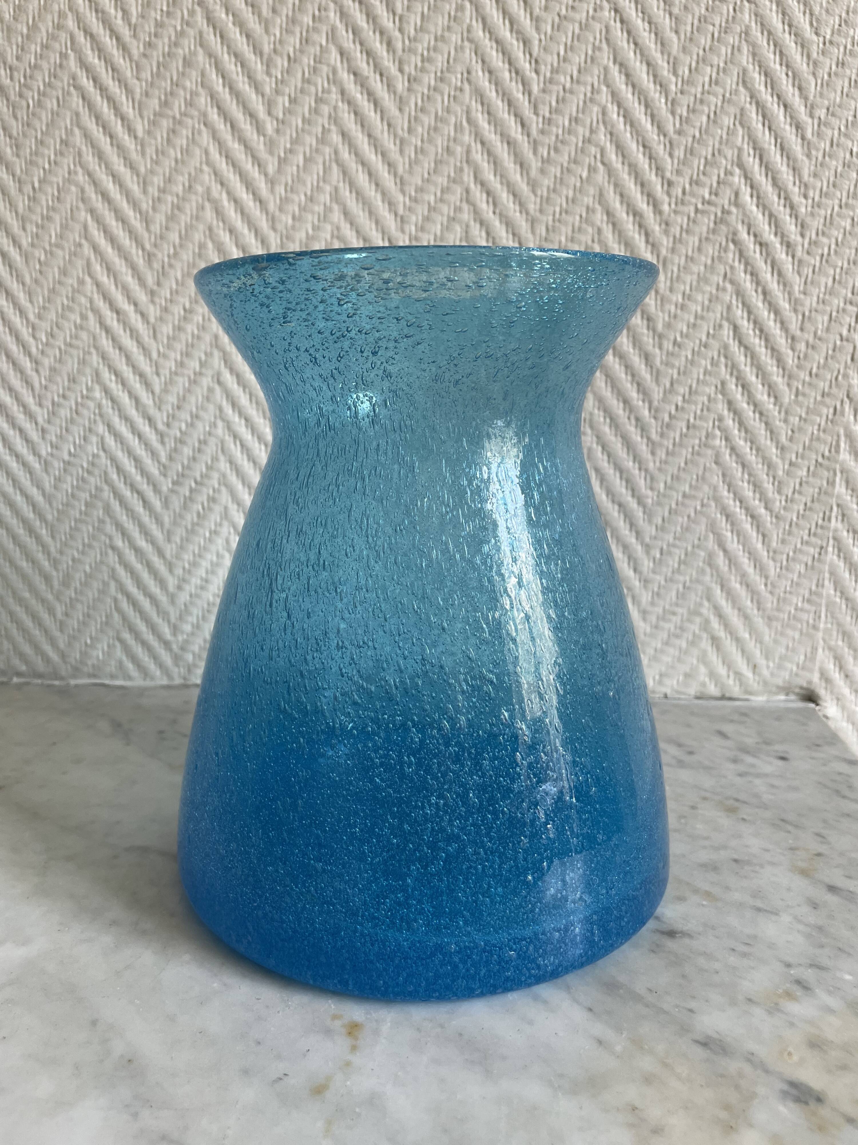 Blue glass vase with encrusted bubbles