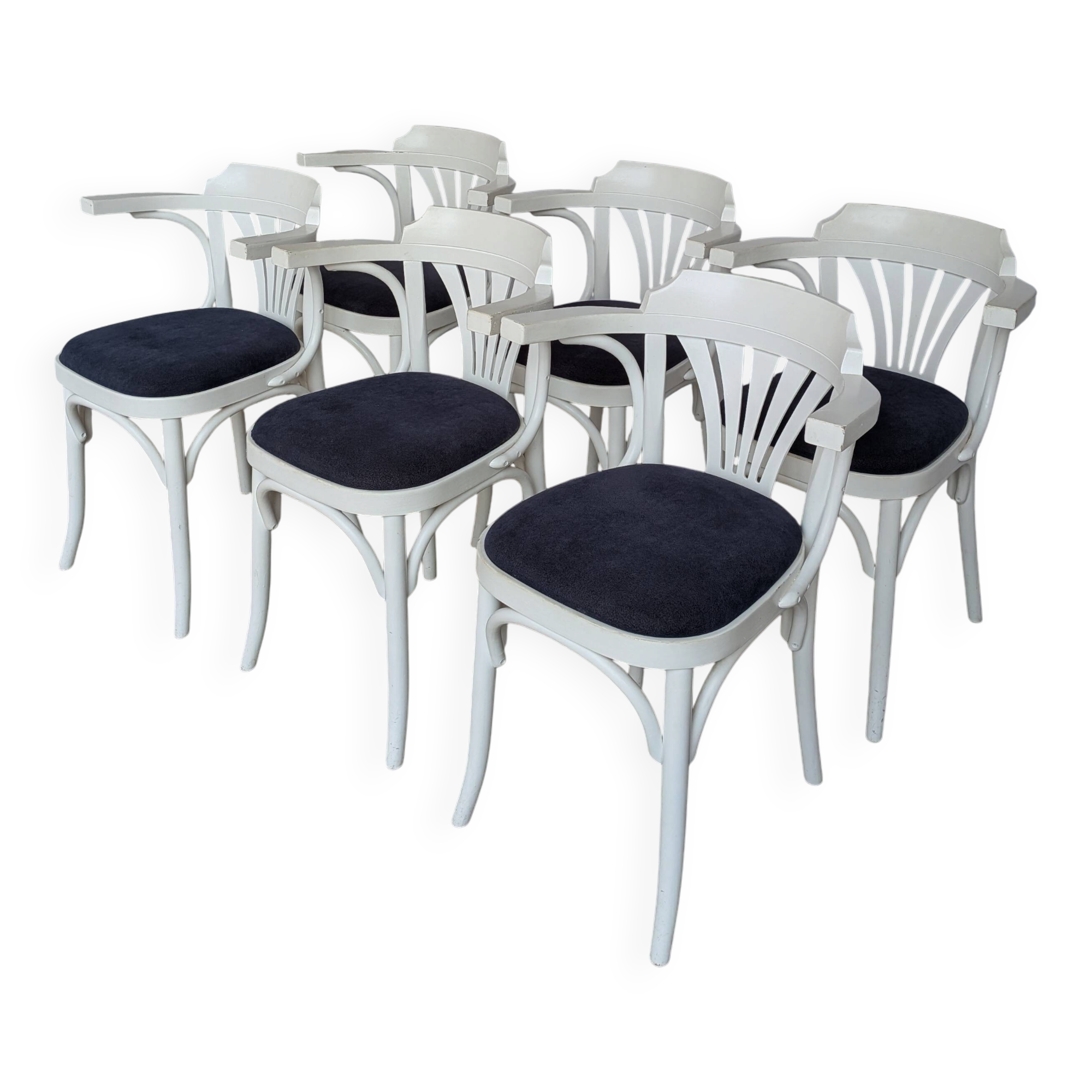 Ensemble de 6 chaises de salle à manger vintage en bois courbé blanc / fauteuil de style Thonet des années 1970