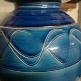 Pied de lampe ancienne en céramique bleu signée jeay