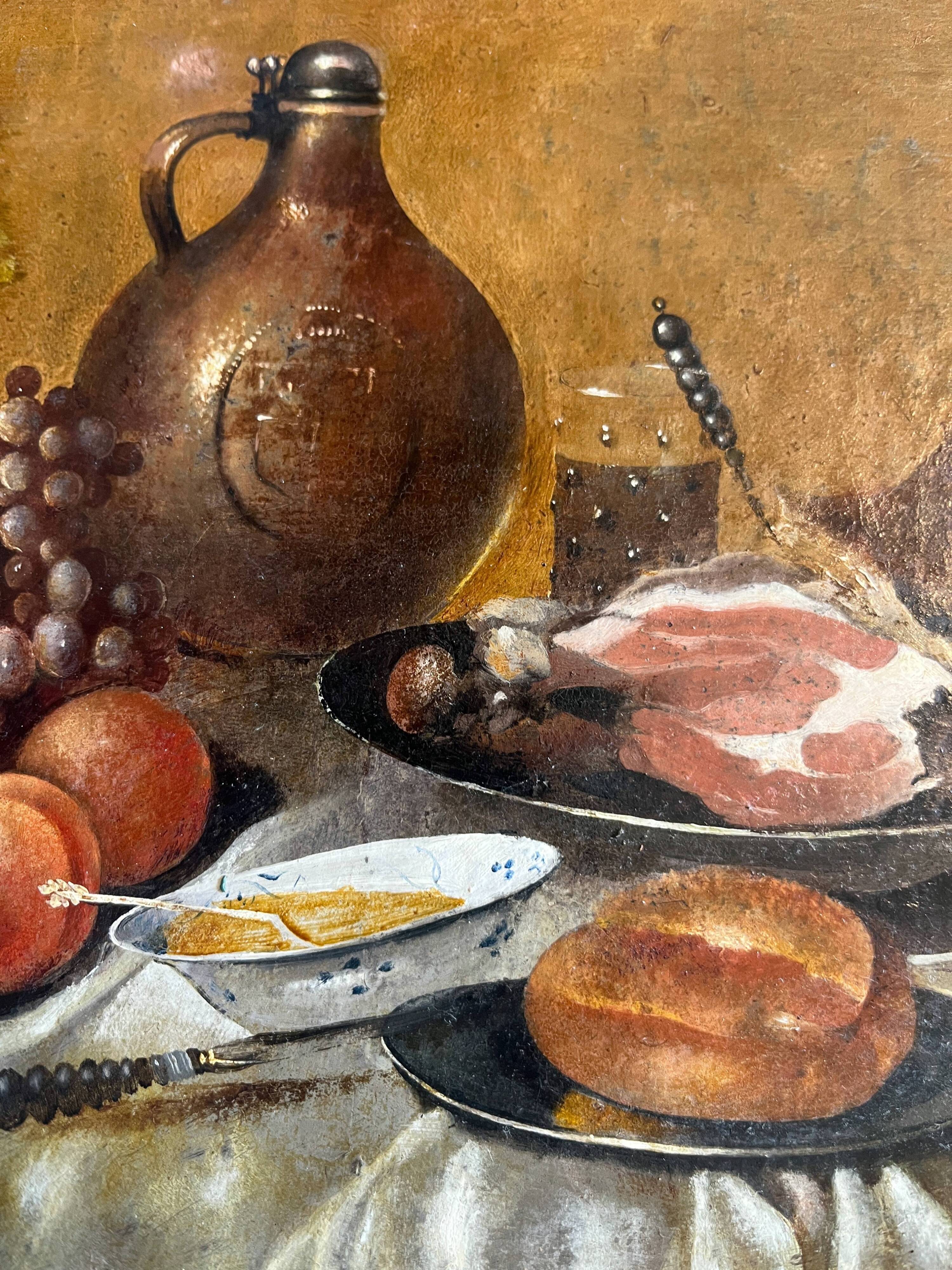 Antique painting HSP/C "The Buffet, Ham and Grapes" in the style of Cornelis