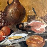 Antique painting HSP/C "The Buffet, Ham and Grapes" in the style of Cornelis