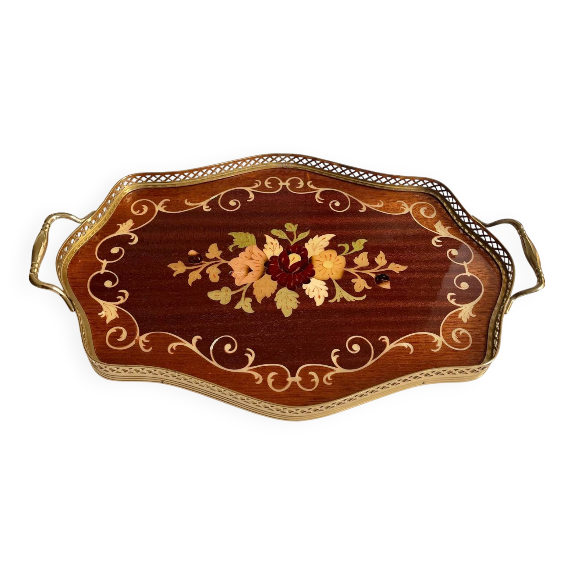 Vintage marquetry and gilded metal tray