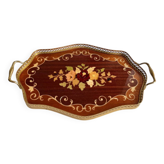 Plateau marqueterie et métal doré vintage