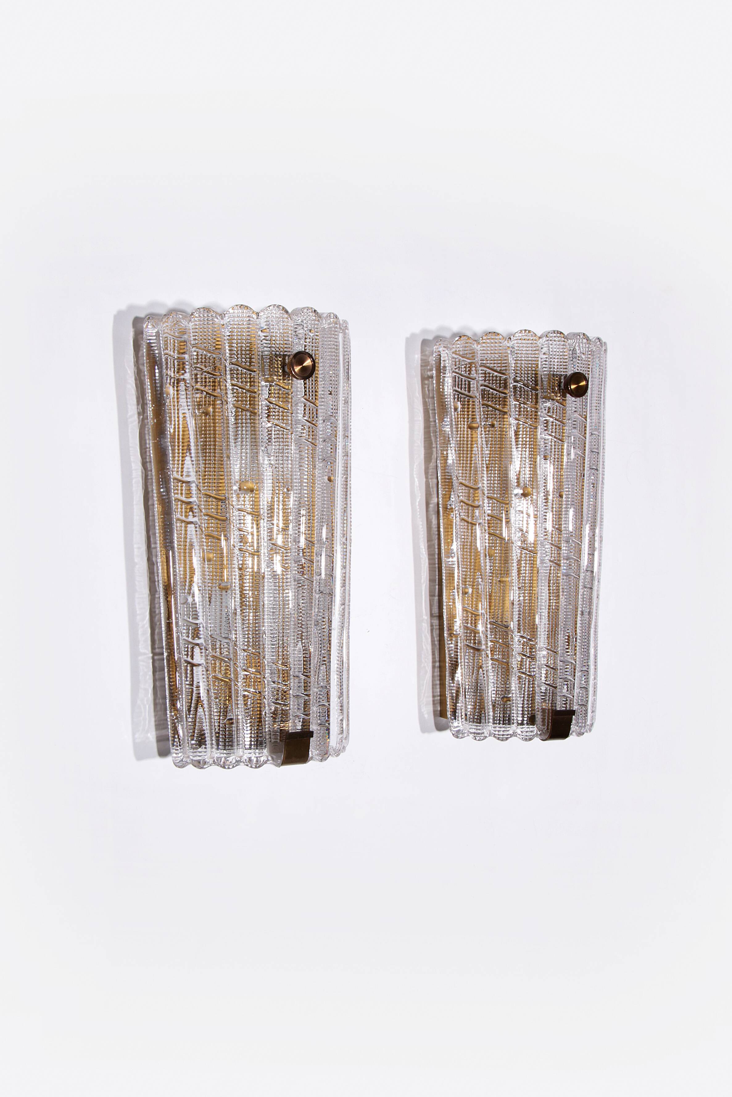 Orrefors Design XXL Wall lamps by Carl Fagerlund glass and brass, 1960s
