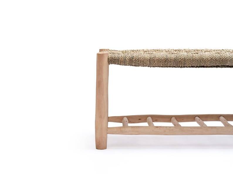 Handcrafted bench with shelves, raffia seat, natural wood bench