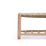 Handcrafted bench with shelves, raffia seat, natural wood bench