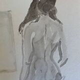 Tableau signé aquarelle portrait féminin « drapée dans l’atelier »