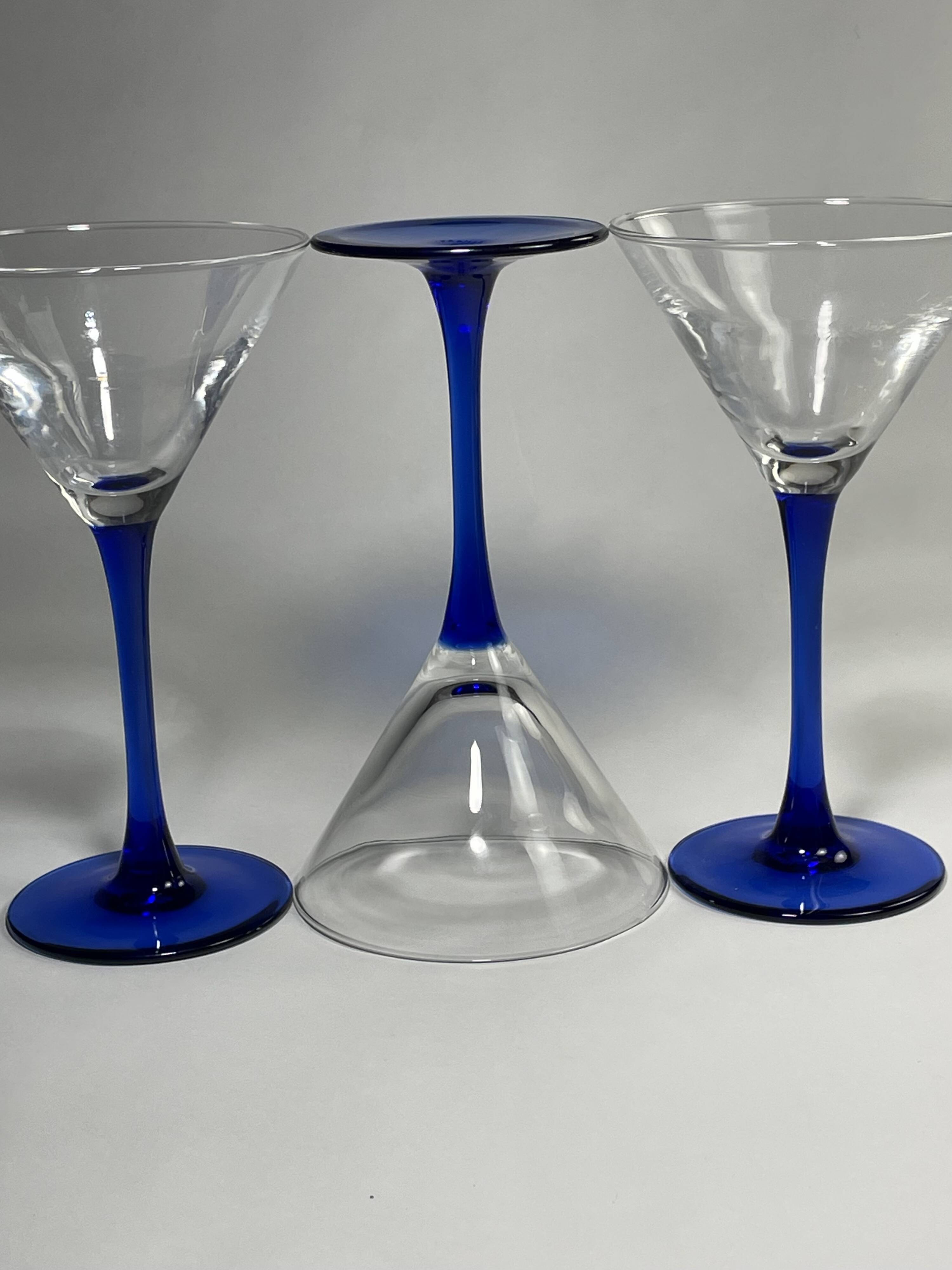 Set of 9 blue stemmed glasses (3 balloon wine glasses, 3 flutes, 3 cocktail)