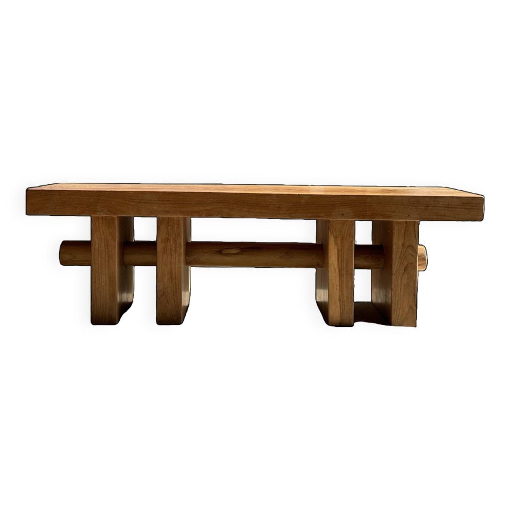 Banc en bois massif piètement ajouré traversé par un cylindre - Teck