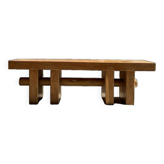 Solid wood bench with openwork base crossed by a cylinder - Teak