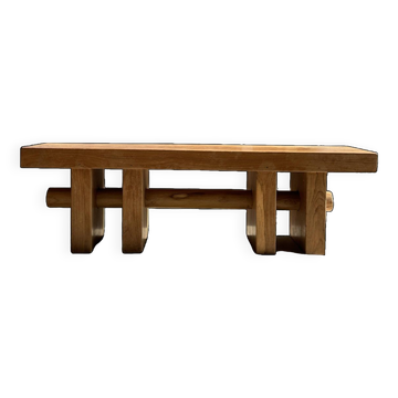 Solid wood bench with openwork base crossed by a cylinder - Teak