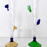 Pair of Postmodern Transparent Wine Glasses with Colored Details, Italy 1980s