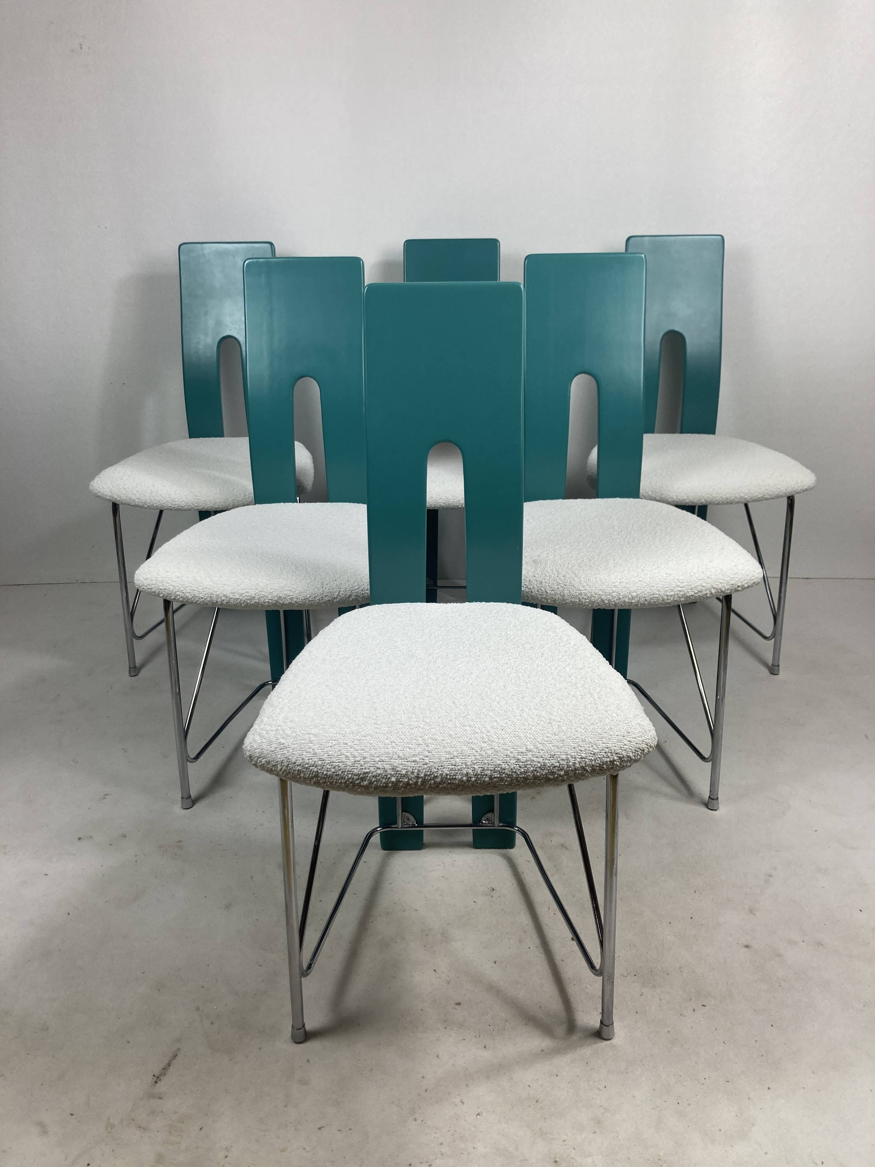 Set of 6 Memphis dining chairs in bouclé, 1980s