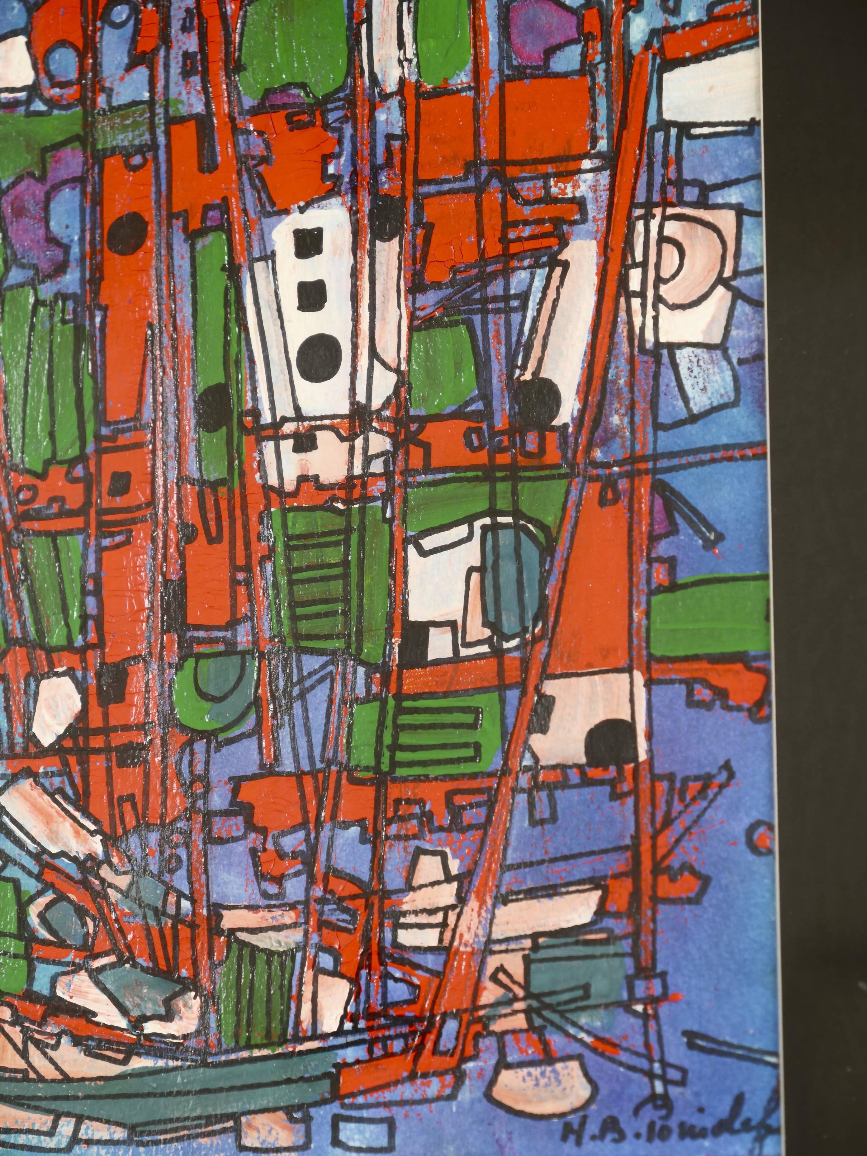 framed painting "red boats" signed