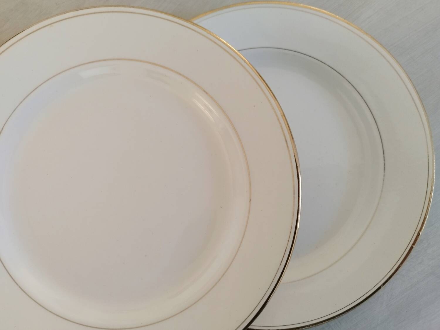 Old Earthenware Dinner Plates Hamage and Moulin des Loups White and Vintage Golden Fillet