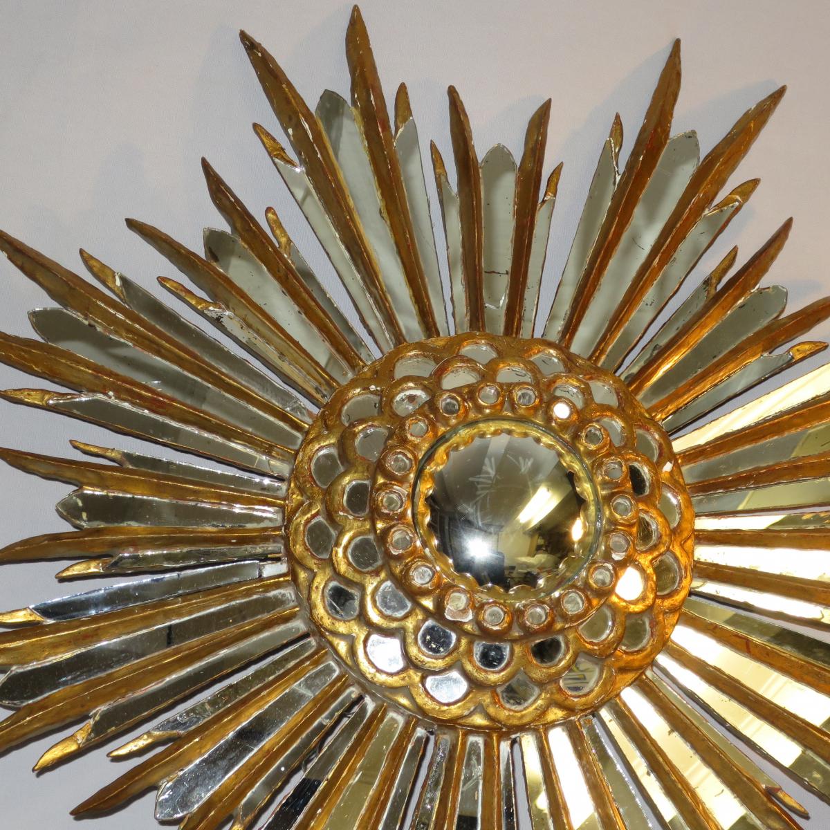 Mirror Sun bomb said "witch" 78 cm wood Golden early 20th